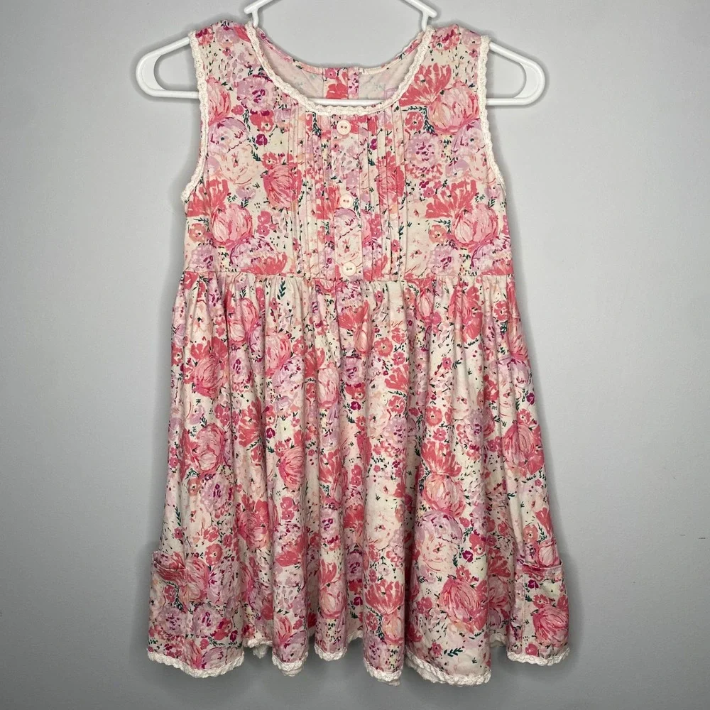 Sweet Honey Girls Pink Floral Lace Trim Sleeveless Pocket Dress Size 12Y